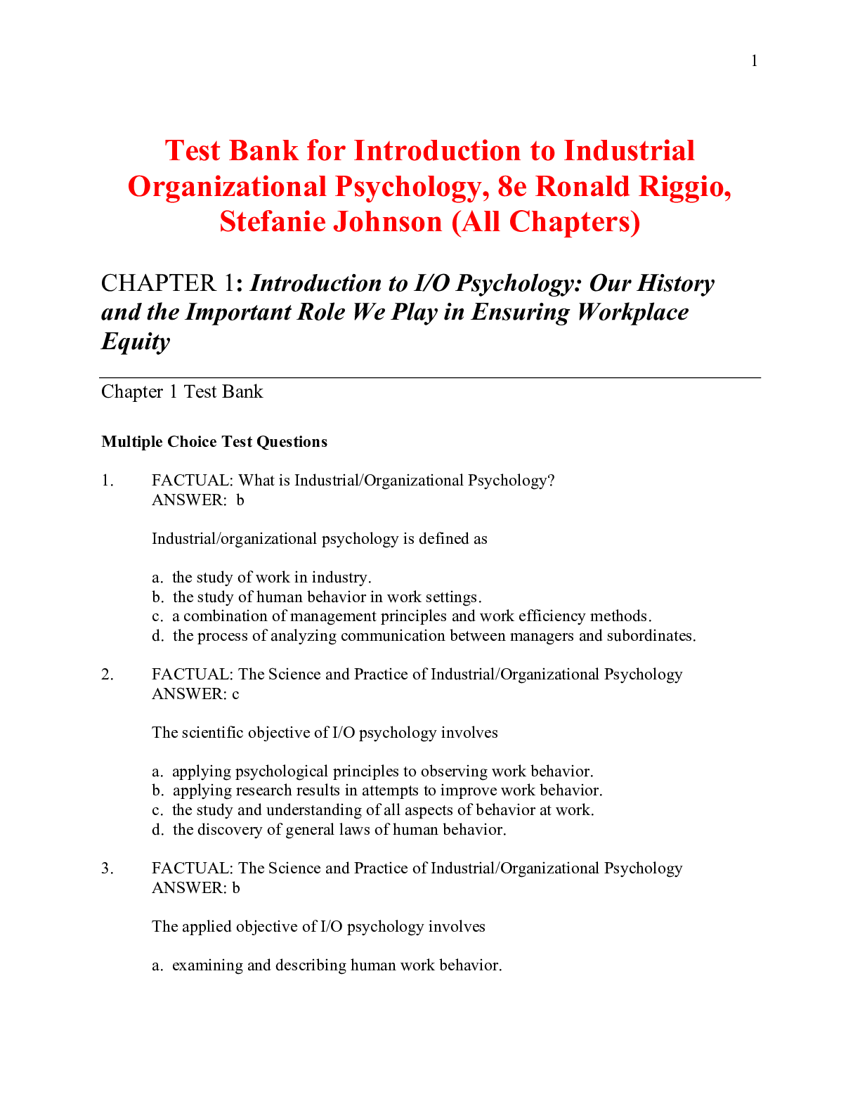 Recommended document preview for Introduction to Industrial Organizational Psychology, 8e Ronald Riggio, Stefanie Johnson (Test Bank)